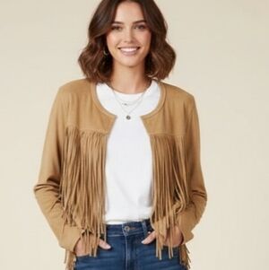 MICHAEL KORS Tan Fringe Women's Jacket. SIZE M